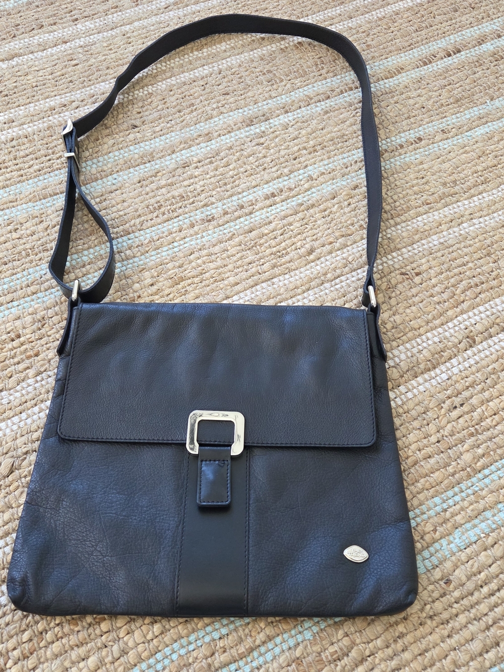 Women's Black Leather Messenger Bag with Silver Buckle